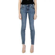 Guess women blue high waisted slim fit denim jeans with five pocket design and subtle fading from fall winter collection