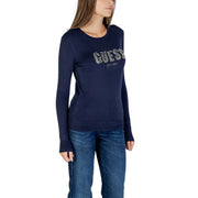 bleu marine Guess Pull à manches longues pour femme en maille de viscose mélangée orné de strass et d'un logo brodé sur la poitrine