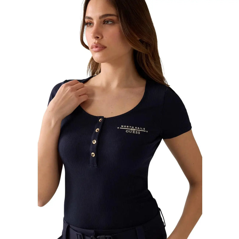 Navy blue ribbed short sleeve Guess women Serafino round neck t shirt with gold tone buttons and North Sails Guess logo embroidery
