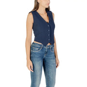Guess Women Blue Sleeveless Low Cut V Neck Gilet with four buttons and blue jeans
