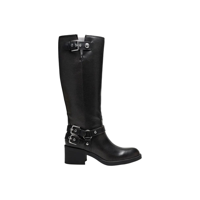 Guess women black leather knee-high boot with silver buckle straps and low block heel for winter footwear