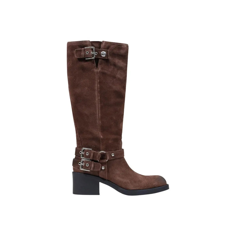 Guess women knee-high brown suede boots with silver buckle straps and black block heel for winter footwear