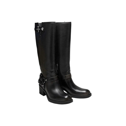 Guess Schwarze kniehohe Damenstiefel aus Polyurethan mit Blockabsätzen und silbernen Schnallen für den Winter