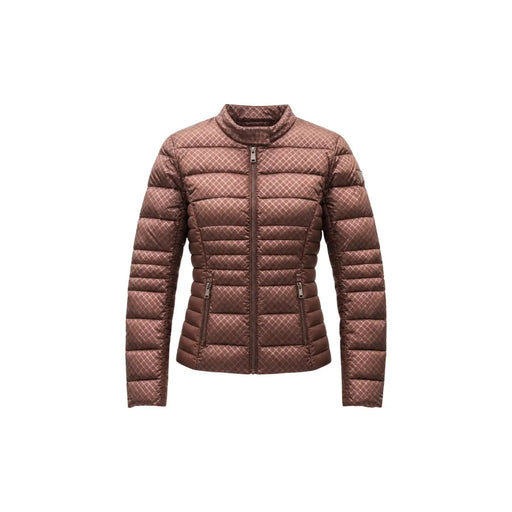 Guess Braune Damenjacke aus Polyester mit geometrischem Muster, gestepptem Rautenmuster und zwei Reißverschlusstaschen vorne.
