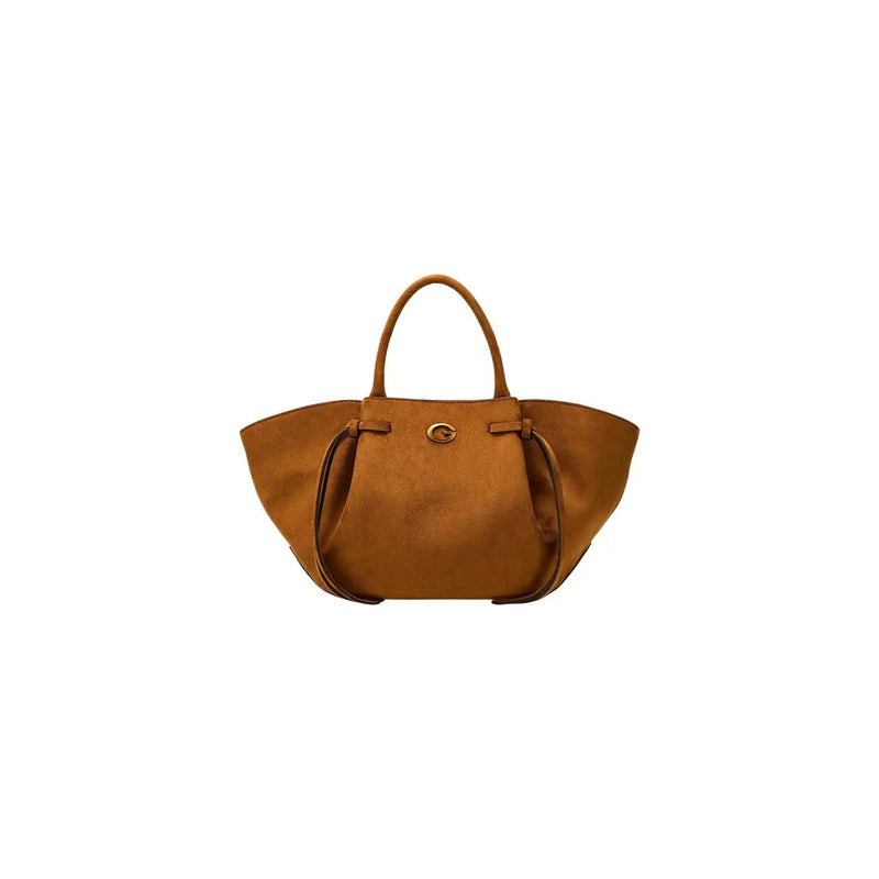 Tan suede Guess women brown polyester satchel bag with rounded handles and central gold-tone logo clasp