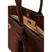 Guess women brown polyester satchel bag with brown suede tote detailing gold-tone hardware and zipper-lined interior