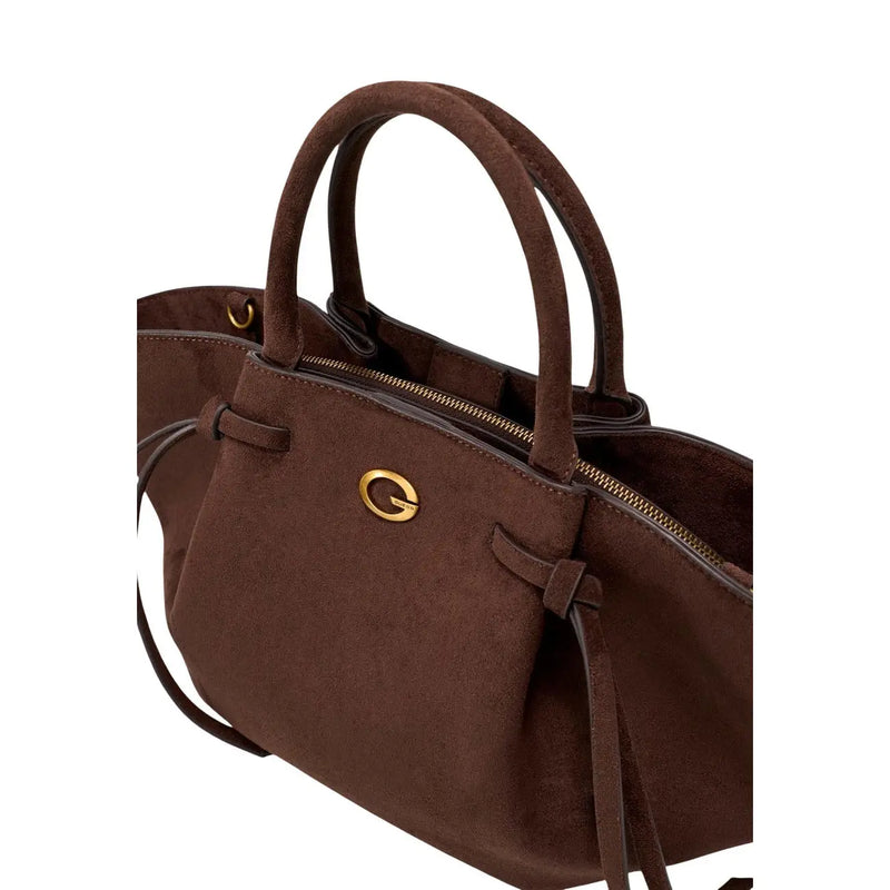 Guess women brown polyester satchel bag with brown suede texture gold-tone logo clasp and matching handles