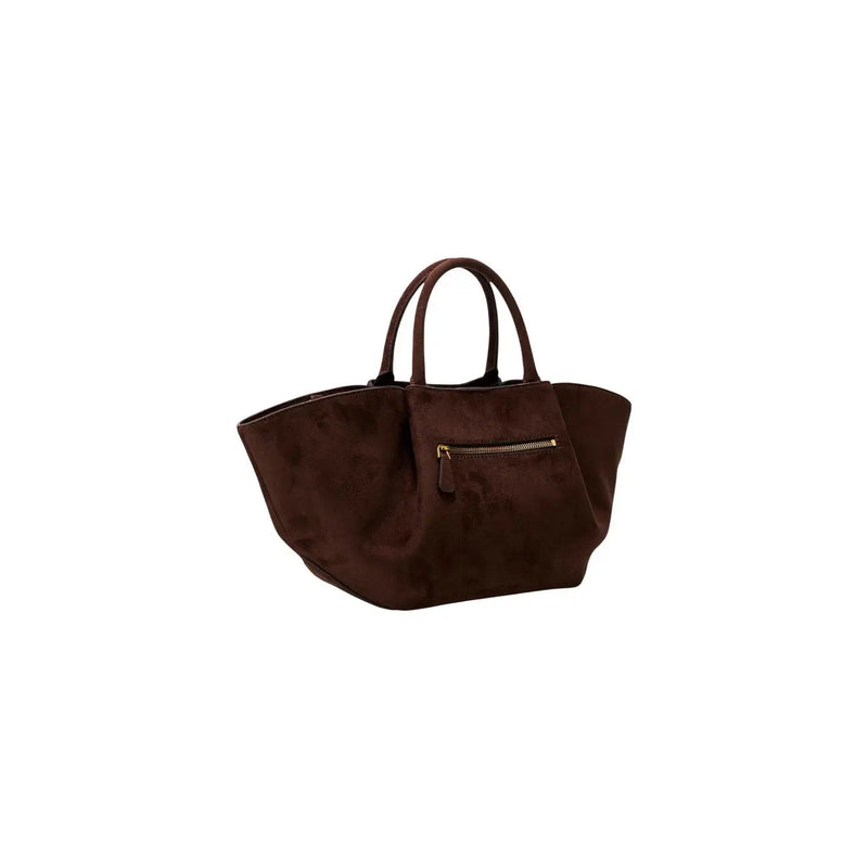 Guess women brown suede tote bag with curved top handles and front zippered pocket polyester satchel bag