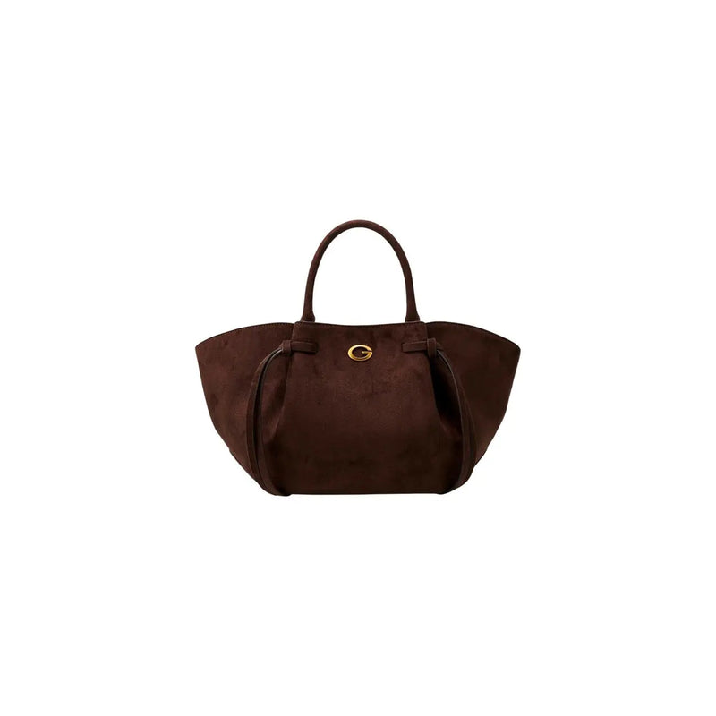 Guess women brown suede tote bag with gold-tone circular logo clasp polyester satchel bag w15xh27xl15cm