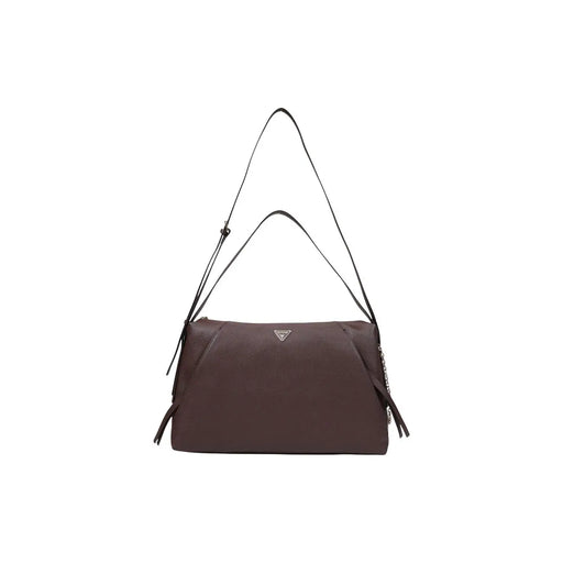 Guess Sac bandoulière femme en polyuréthane marron avec bandoulière noire et logo triangulaire métallique 43x23x12 cm