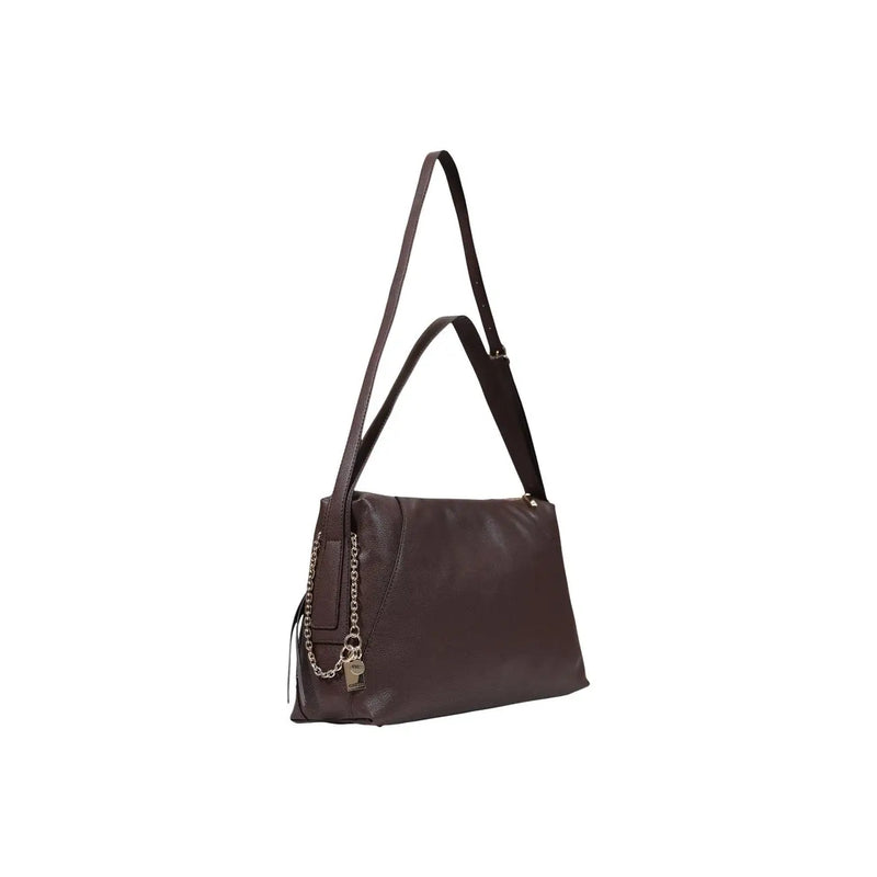 Guess women brown polyurethane handbag featuring a sleek dark brown leather shoulder bag with chain and key charm accent
