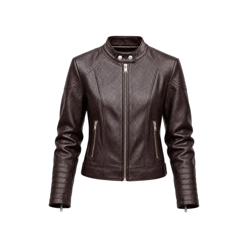 Guess women brown polyurethane motorcycle jacket with stand-up collar front zipper and two side pockets