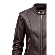 Guess women brown polyurethane motorcycle jacket with dark brown leather, silver zippers, snap buttons, and front pockets