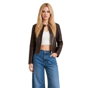 Guess women brown polyurethane moto jacket with classic collar front zipper and front pockets