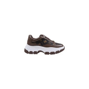 Guess women brown polyurethane chunky sneakers with black panel gold-toned logo patterns and white rubber sole