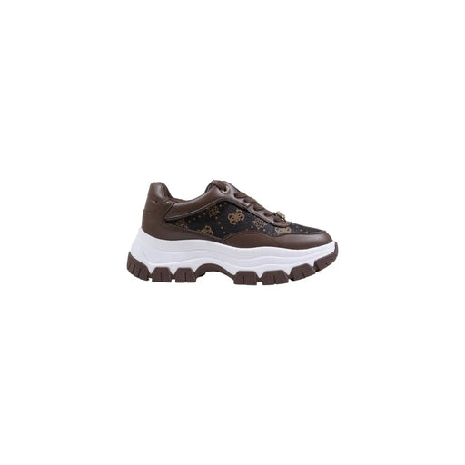 Guess Braune Damen-Sneaker aus Polyurethan mit klobiger Sohle, schwarzem Einsatz, goldfarbenen Logo-Mustern und weißer Gummisohle