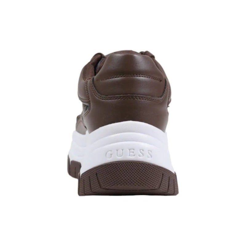 Guess women brown polyurethane sneakers featuring a white midsole and textured brown outsole for fall shoes