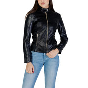 Guess women brown polyurethane zip blazer with black faux leather moto front
