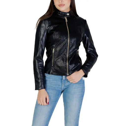 Guess women brown polyurethane zip blazer with black faux leather moto front