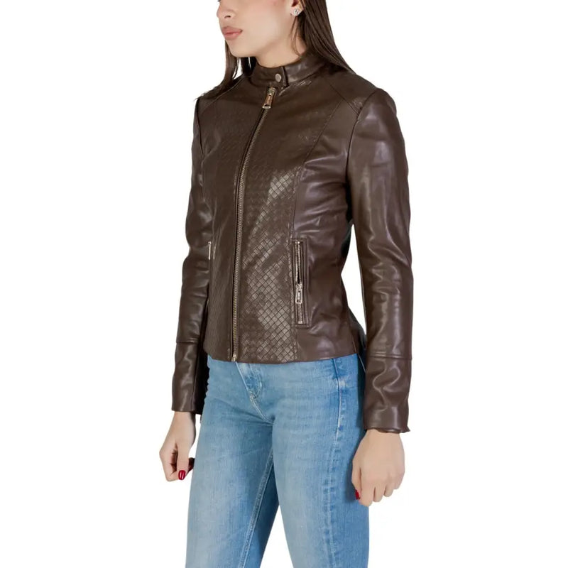 Guess women brown polyurethane zip blazer with quilted diamond front and gold tone zippers in moto jacket style