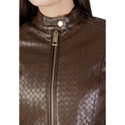 Guess women brown polyurethane zip blazer featuring a woven leather texture with a silver zipper and round neck