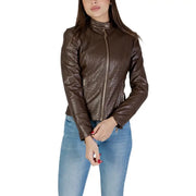 Guess women brown polyurethane zip blazer with quilted diamond pattern and gold-tone zippers in a moto jacket style