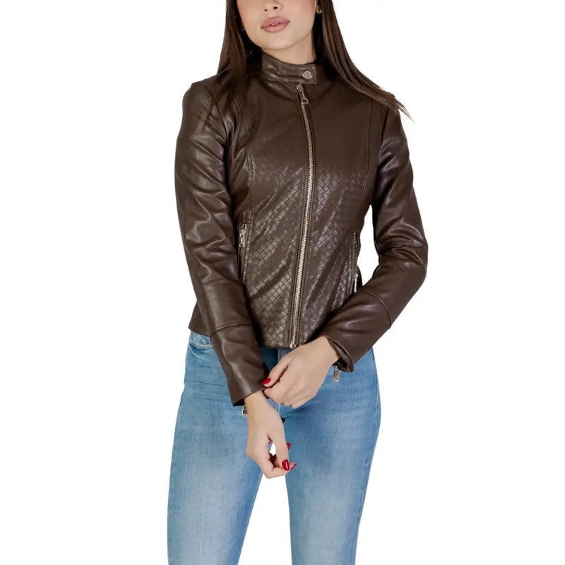 Guess women brown leather moto blazer with quilted diamond pattern and gold zippers
