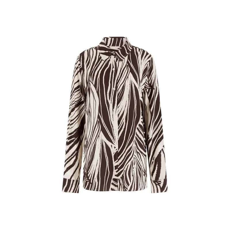 Guess women brown viscose long classic round neck shirt with bold brown and cream zebra-striped pattern and collar