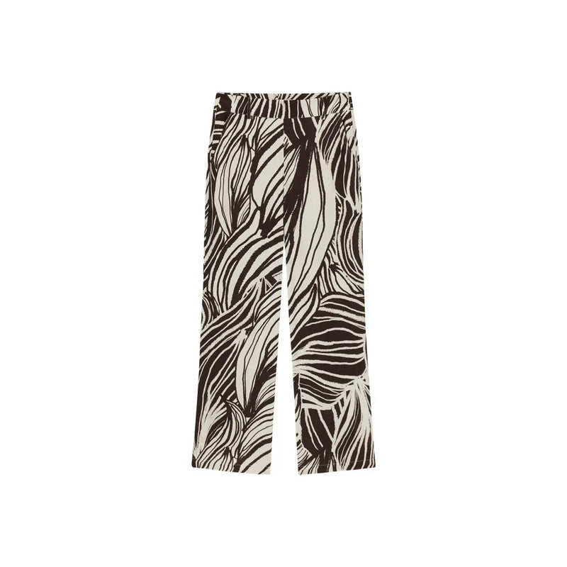 Guess women brown viscose wide-leg trousers in black and cream with bold abstract leaf pattern from spring summer collection