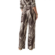 Guess women brown viscose wide-leg trousers with cream zebra print high waist and belt from spring summer collection