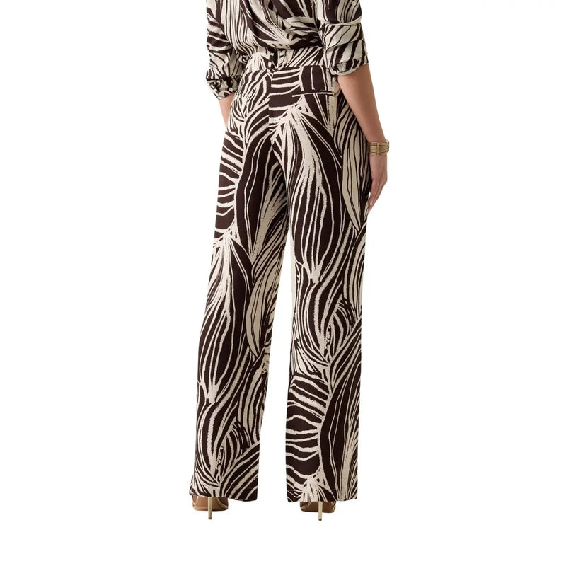 Guess women brown viscose wide-leg trousers with cream zebra print high waist and belt from spring summer collection