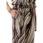 Guess women brown viscose high-waisted trousers with cream zebra stripes and sleek flowing fabric spring summer collection