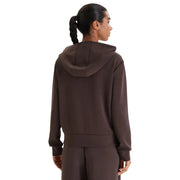 Guess women brown zip sweatshirt in modal blend featuring a sleek hooded design with relaxed fit and ribbed cuffs
