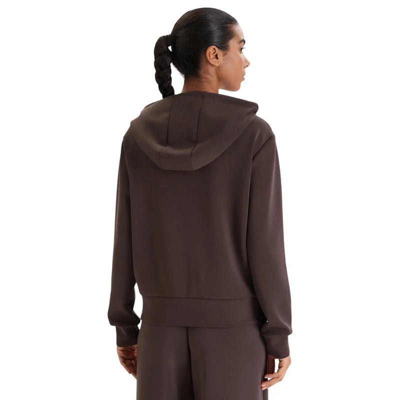 Guess women brown zip sweatshirt in modal blend featuring a sleek hooded design with relaxed fit and ribbed cuffs