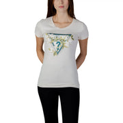 White Guess women cotton t shirt with triangular teal green white floral and question mark logo design