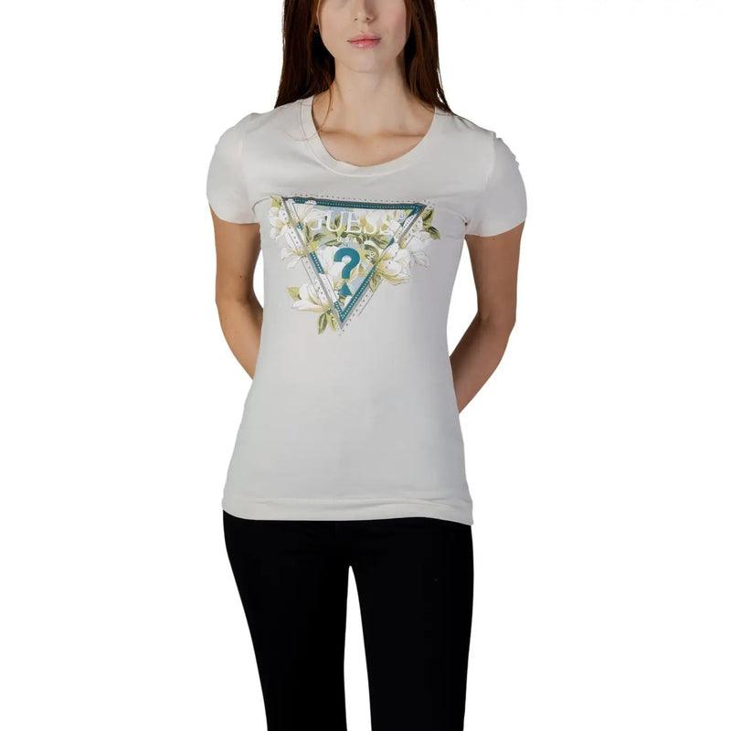 White Guess women cotton t shirt with triangular teal green white floral and question mark logo design