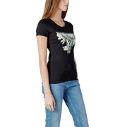 Guess women cotton t shirt black round neck with triangular graphic featuring white flowers and teal accents