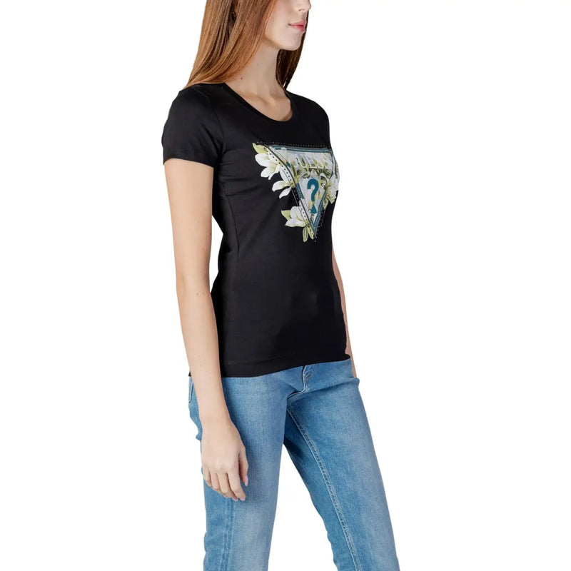 Guess women cotton t shirt black round neck with triangular graphic featuring white flowers and teal accents