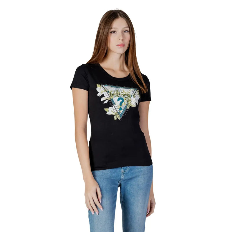 Guess women cotton rhinestone logo black t shirt with round neck and triangular floral graphic including teal question mark details