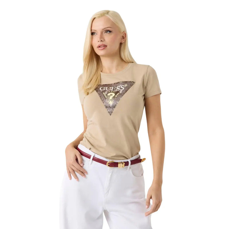 Beige Guess women cotton t shirt with sparkling triangular logo and question mark in white round neck design