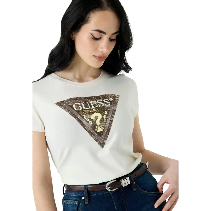 Off-white guess women cotton t shirt with sequined triangular logo and gold lettering in white round neck design