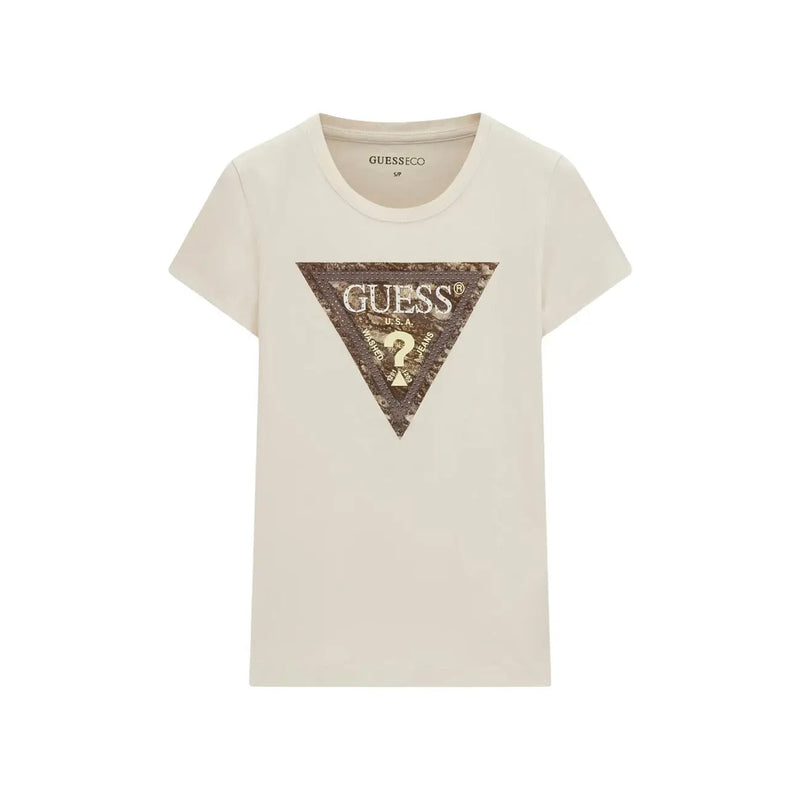 Cream-colored Guess women cotton t shirt with triangular sequined Guess USA logo and question mark design front