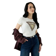 White short-sleeved cotton Guess women t-shirt with a gold and brown embellished triangular logo on the front