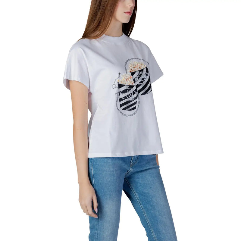 White cotton Guess women t shirt with black and white striped popcorn bucket graphic and silver rhinestone embellishments