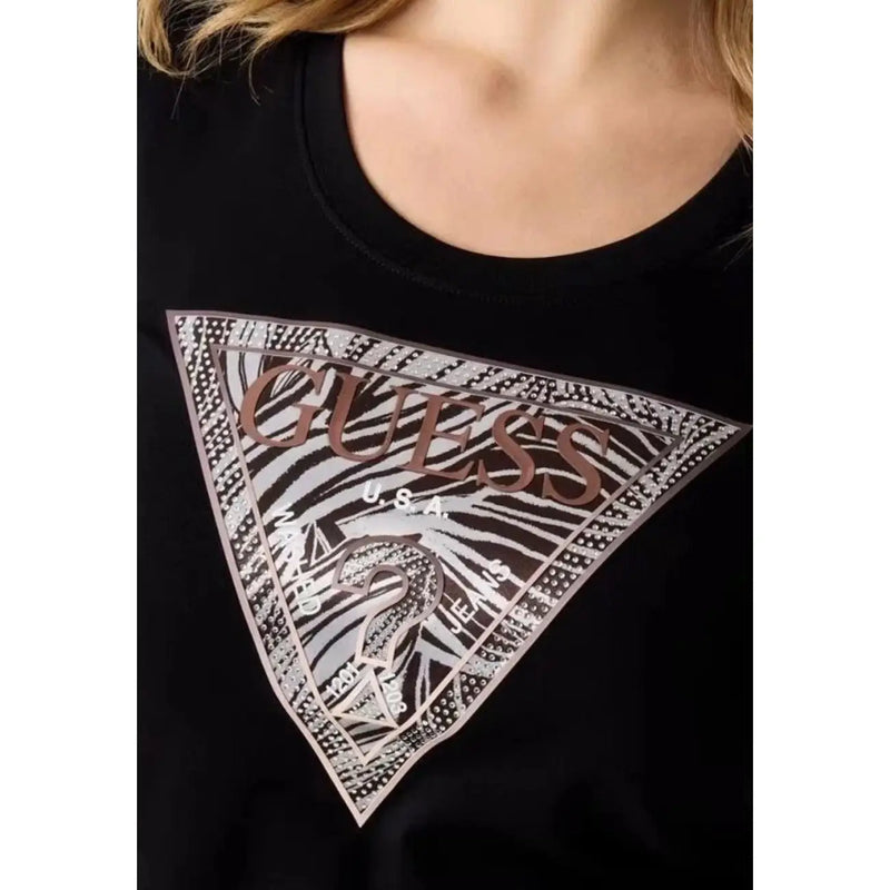 Black Guess women cotton t shirt with large zebra-striped triangle graphic, metallic silver and rose gold lettering, logo