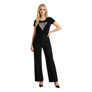 Black cotton short-sleeved Guess women t-shirt featuring a triangular zebra rhinestone logo with silver and black embellishments