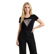 Black guess women cotton short-sleeved t shirt with a triangular silver and white abstract graphic design