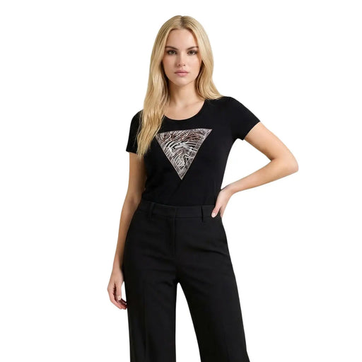 Black guess women cotton short-sleeved t shirt with a triangular silver and white abstract graphic design