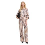 Guess women dalia fluid jogger pant beige lyocell trousers with flowing long-sleeved jumpsuit in soft beige and brown pattern