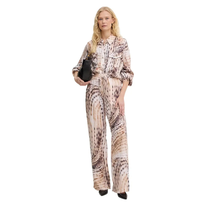 Guess women dalia fluid jogger pant beige lyocell trousers with flowing long-sleeved jumpsuit in soft beige and brown pattern